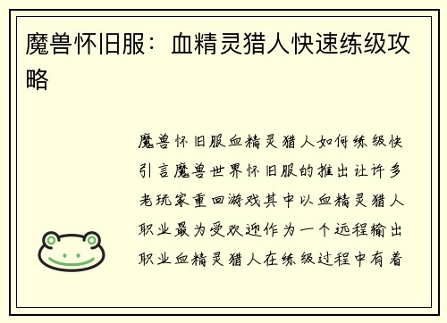 魔兽怀旧服：血精灵猎人快速练级攻略
